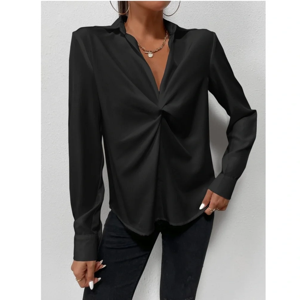 Twist Front Black Office Shirt Long Sleeve Collar Neckline V-Neck - Picture 3 of 8